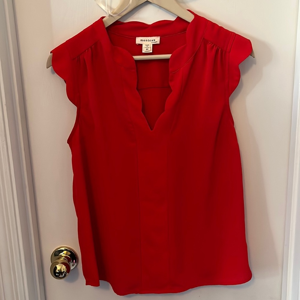 Red V-Neck blouse with scallop neckline and sleeves